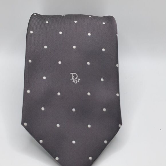 Christian Dior Vintage Gray White Polka Dot Silk Tie - Picture 1 of 6